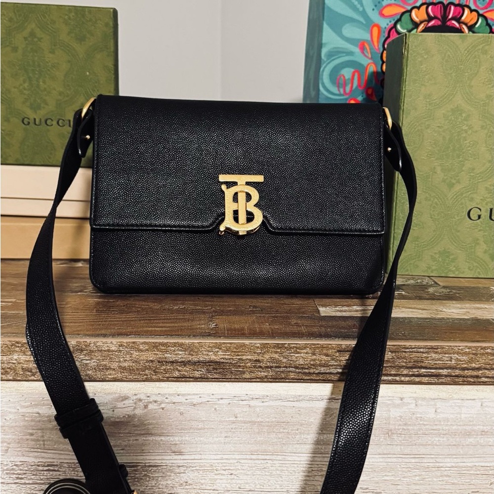 Burberry Black and Gold Crossbody Bag with TB Emblem